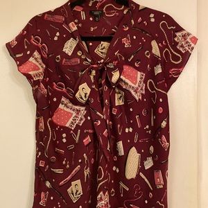 Talbots 100% Silk Fashion Theme Print Tunic Blouse Petite XL